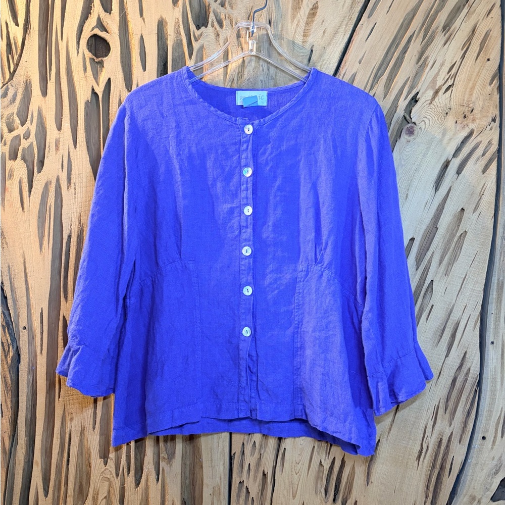 Mosaic USA 100% Linen Purple Button
Down Ruffle Sleeve Top - Pearl Buttons - S